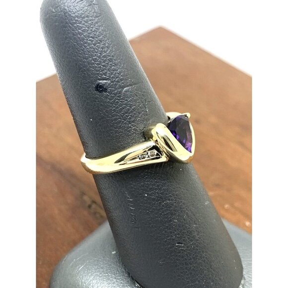 Amethyst Diamond Cocktail Ring Trillion Cut 14k Yellow Gold Estate Women… - Picture 8 of 14